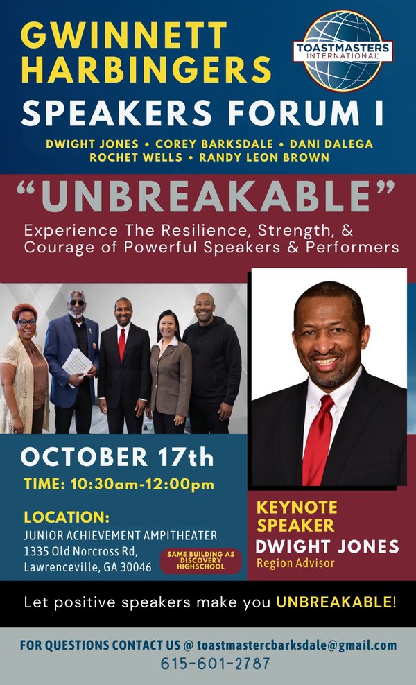 Flyer: Gwinnett Harbingers Speakers Forum I, “Unbreakable,” October 17, 10:30am to 12:00pm, keynote speaker Dwight Jones