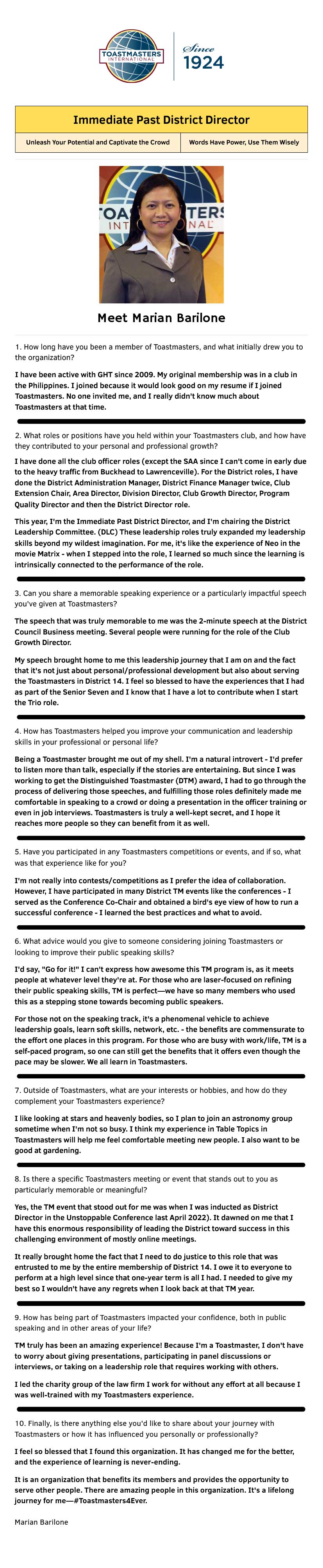 Marian’s Toastmasters questionnaire