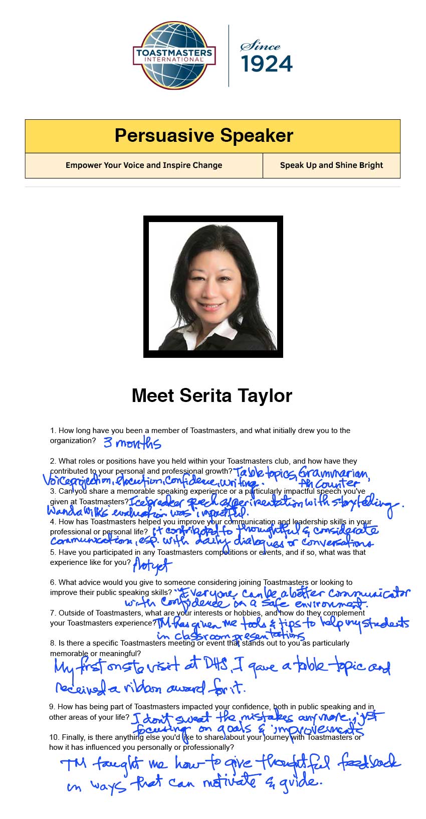 Serita’s Toastmasters questionnaire